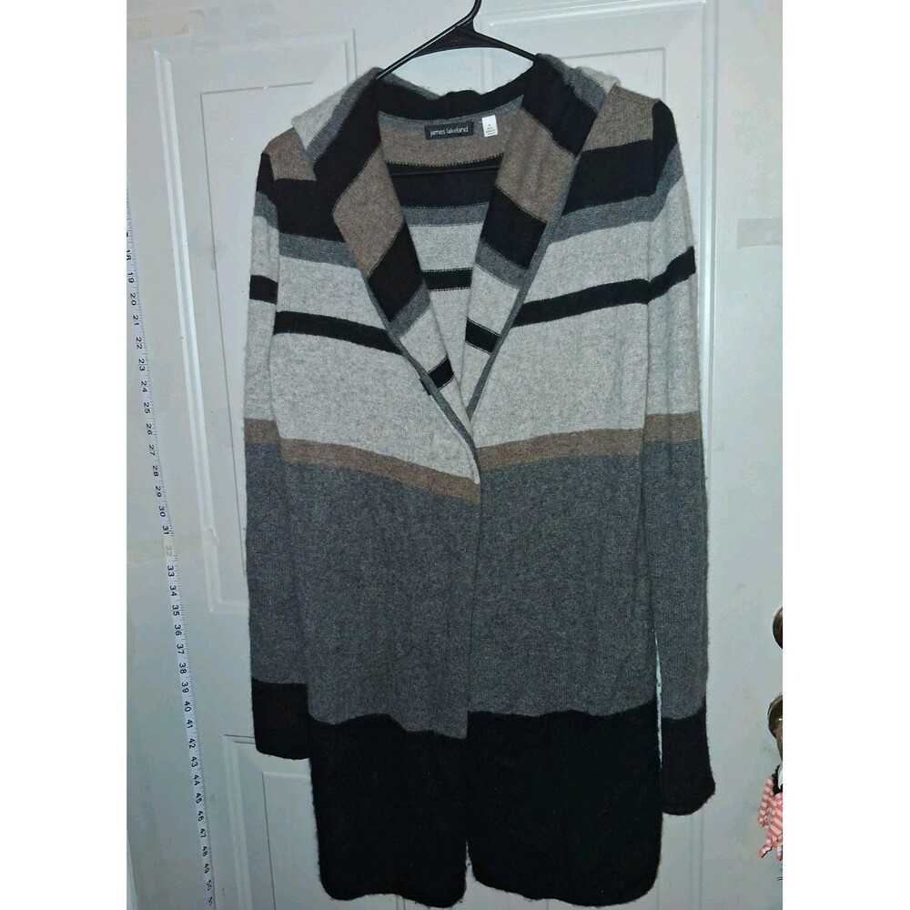James Lakeland 100% Cashmere Knit Hooded Open Cardigan Sweater Striped M Gray